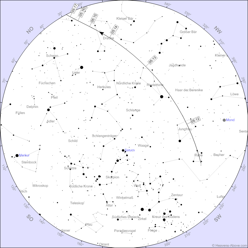 ISS gugge!< >Tage, Zeiten, Lauf an denen die ISS (Int. Raumfhre) - bei gutem Wetter - in Frankfurt gut zu sehen ist. Je niedriger die Magnitude (- Zahl) um so besser die Sicht. Die Grafik bezieht sich auf den 6. Mrz 2015. Grafik und Information von: Heavens Above         	02 Mrz	-1,8	18:38:35	10	NW	18:41:40	39	SW	18:44:45	10	SSO	< >
04 Mrz	-1,6	05:19:19	10	SSW	05:22:18	34	SO	05:25:17	10	ONO	< > 06 Mrz	-3,2	05:11:07	28	WSW	05:12:30	51	NW	05:15:39	10	NNO	< >
  