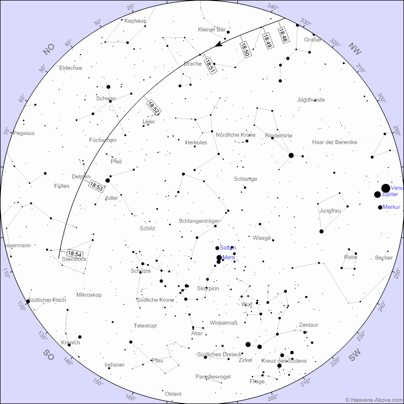 < >HEUTE, 23.8.16 - 18:47:20 bis 18:54:08, bei klarem Himmel  gute Sicht! 	< >ISS gugge!< >Tage, Zeiten, Lauf an denen die ISS (Int. Raumfhre) - bei gutem Wetter - in Frankfurt gut zu sehen ist. Je niedriger die Magnitude (- Zahl) um so besser die Sicht. Die Grafik bezieht sich auf den 23. August 2016. Grafik und Information von: Heavens Above                23 Aug	-2,8	18:49:28	10	NNW	18:52:31	39	NO	18:54:08	22	OSO	< >  25 Aug	-2,3	18:39:26	10	NW	18:42:31	44	SW	18:45:39	10	SSO	< >  
27 Aug	-1,5	05:20:01	10	S	05:22:56	30	SO	05:25:50	10	ONO	< > 
29 Aug	-3,3	05:10:32	17	SW	05:12:51	60	NW	05:16:03	10	NNO	< >
30 Aug	-1,6	04:20:30	33	O	04:20:30	33	O	04:22:47	10	NO	< >
31 Aug	-1,4	05:03:03	16	NW	05:03:03	16	NW	05:04:50	10	NNW	< >