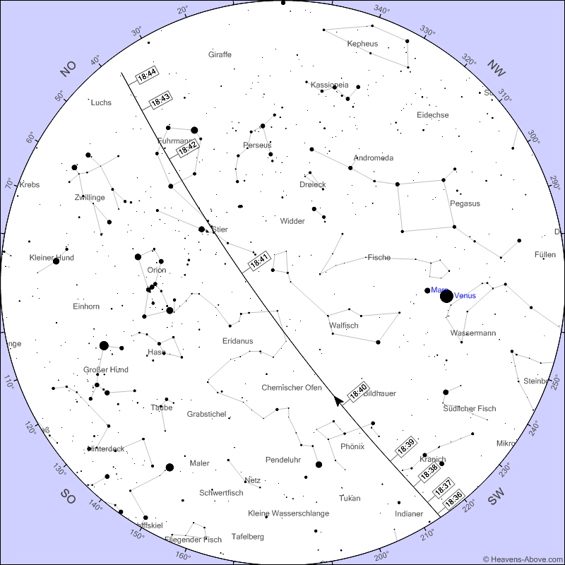 ISS gugge!< >Tage, Zeiten, Lauf an denen die ISS (Int. Raumfhre) - bei gutem Wetter - in Frankfurt gut zu sehen ist. Je niedriger die Magnitude (- Zahl) um so besser die Sicht. Die Grafik bezieht sich auf den 29. April 2015. Grafik und Information von: Heavens Above  < >  19 Jan	-2,5	19:37:50	10	SSW	19:40:18	41	S	19:40:18	41	S< >20 Jan	-1,6	18:46:28	10	S	18:48:53	19	SO	18:50:50	12	O	< >
21 Jan	-1,8	19:30:01	10	WSW	19:33:00	32	NW	19:34:07	25	NNW	< >
22 Jan	-3,4	18:37:33	10	SSW	18:40:49	81	SO	18:44:05	10	NO	< >
24 Jan	-0,6	05:20:19	10	NNO	05:22:28	16	NO	05:24:37	10	O	< >
26 Jan	-3,1	05:12:12	20	NNW	05:14:19	68	NO	05:17:32	10	SO	< >