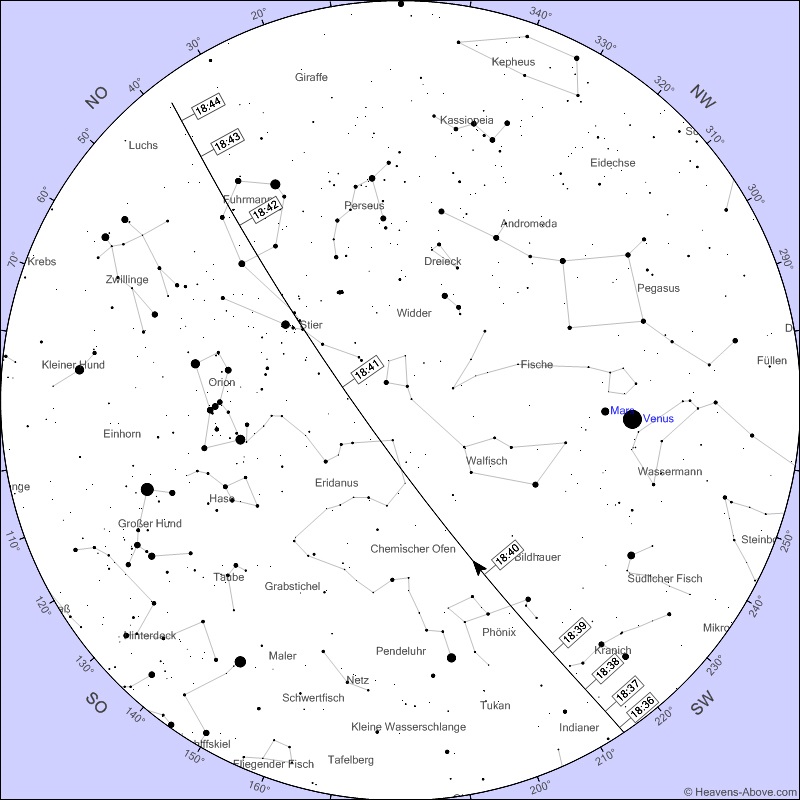 ISS gugge!< >Tage, Zeiten, Lauf an denen die ISS (Int. Raumfhre) - bei gutem Wetter - in Frankfurt gut zu sehen ist. Je niedriger die Magnitude (- Zahl) um so besser die Sicht. Die Grafik bezieht sich auf den 20. Februar 2017. Grafik und Information von: Heavens Above < >< >20 Feb	-2,5	19:20:42	10	NW	19:23:51	51	SW	19:26:53	11	SSO	< >
26 Feb	-1,6	05:45:38	10	W	05:47:46	16	NW	05:49:54	10	NNW	< >
27 Feb	-2,1	04:56:26	29	N	04:56:26	29	N	04:58:23	10	NNO	< >