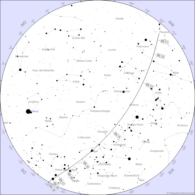  ISS gugge!< >Tage, Zeiten, Lauf an denen die ISS (Int. Raumfhre) - bei gutem Wetter - in Frankfurt gut zu sehen ist. Je niedriger die Magnitude (- Zahl) um so besser die Sicht. Die Grafik bezieht sich auf den 21. November 2018. Grafik und Information von: Heavens Above < >< >21 Nov	-3,7	05:10:28	10	NW	05:13:41	61	SW	05:16:56	10	SSO	< >22 Nov	-2,8	04:20:56	35	NNO	04:21:37	41	NO	04:24:44	10	SO	< >

23 Nov	-1,8	05:04:16	12	W	05:05:49	15	SW	05:07:51	10	SSW	< >
24 Nov	-2,3	04:14:49	29	S	04:14:49	29	S	04:16:49	10	SSO	< >