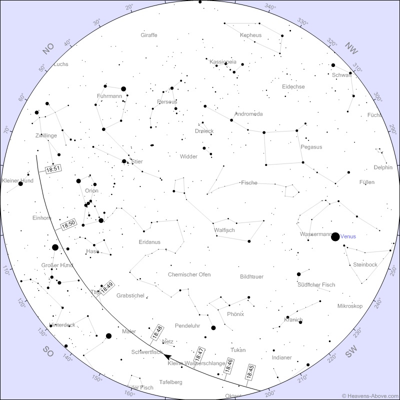 ISS gugge!< >Tage, Zeiten, Lauf an denen die ISS (Int. Raumfhre) - bei gutem Wetter - in Frankfurt gut zu sehen ist. Je niedriger die Magnitude (- Zahl) um so besser die Sicht. Die Grafik bezieht sich auf den 12.Jan. 2020. Grafik und Information von: Heavens Above < >  11 Jan	-3,5	19:33:46	10	SSW	19:36:46	59	SSO	19:36:46	59	SSO	< >
12 Jan	-2,5	18:46:20	10	S	18:49:13	26	SO	18:51:22	14	ONO	< >
14 Jan	-3,0	18:46:40	10	SW	18:49:57	50	NW	18:53:13	10	NNO	< >
16 Jan	-2,4	05:34:54	10	NNW	05:38:00	37	NO	05:41:07	10	SO	< >
18 Jan	-2,9	05:35:39	10	WNW	05:38:39	33	SW	05:41:43	10	SSO	< >
19 Jan	-3,9	04:50:16	65	NW	04:50:42	88	SW	04:54:02	10	SO	< >