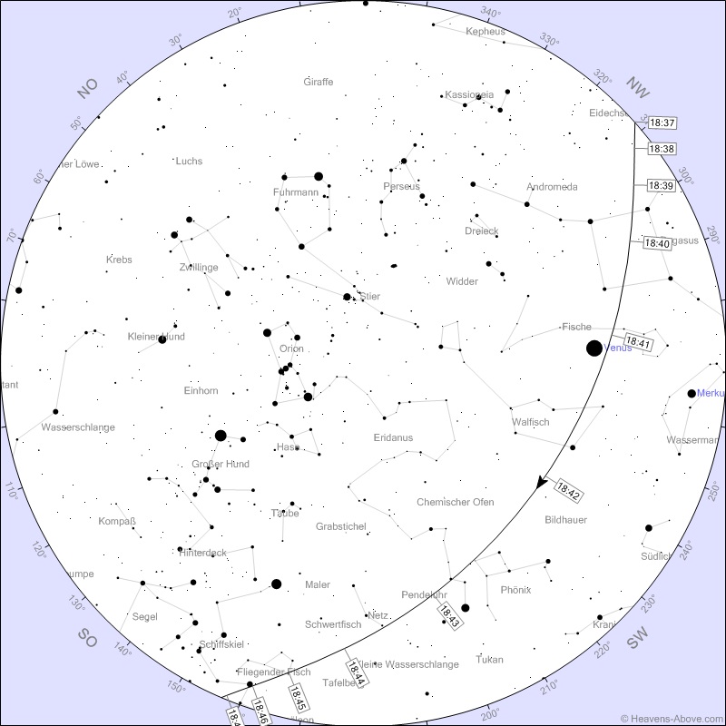 ISS gugge!< >Tage, Zeiten, Lauf an denen die ISS (Int. Raumfhre) - bei gutem Wetter - in Frankfurt gut zu sehen ist. Je niedriger die Magnitude (- Zahl) um so besser die Sicht. Die Grafik bezieht sich auf den 14. Februar 2020. Grafik und Information von: Heavens Above < > 14 Feb	-2,0	18:38:56	10	NW	18:42:05	37	SW	18:45:13	10	SSO	< >
16 Feb	-2,8	05:27:33	10	SSW	05:30:49	52	SO	05:34:05	10	NO	< >
17 Feb	-1,2	04:40:36	10	S	04:43:16	22	SO	04:45:57	10	ONO	< >
18 Feb	-2,6	05:30:05	13	WSW	05:32:18	25	NW	05:35:06	10	N	< >
19 Feb	-1,9	04:46:40	22	NNO	04:46:40	22	NNO	04:48:03	10	NNO	< >